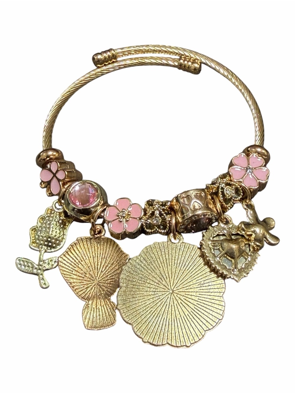Gold Pink Floral Mother’s Day Charm Adjustable Twisted Bangle - Picture 3 of 6
